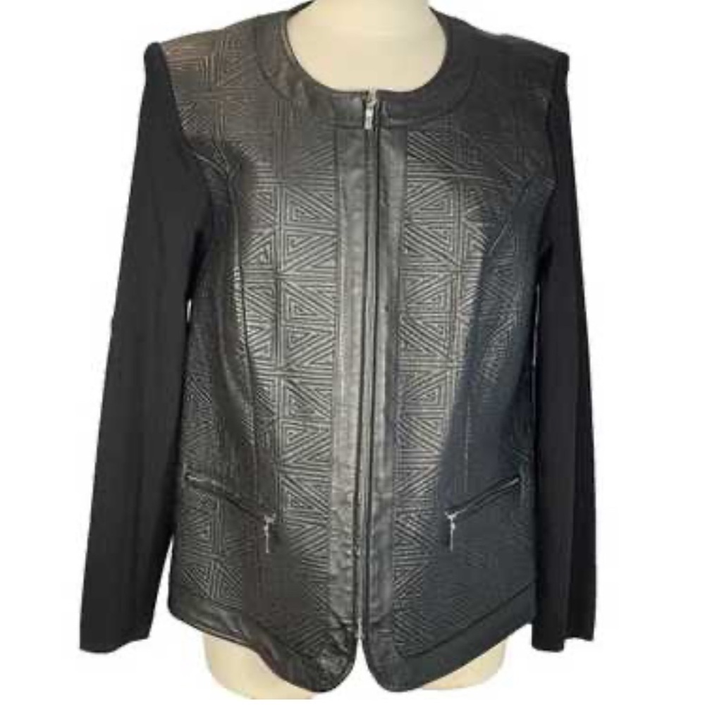 Peter Nygard Collection Black Embossed Leather Mixed Media Sweater Jacket [L]